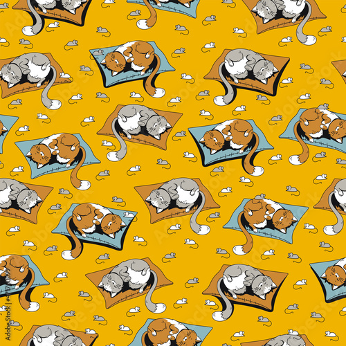 Cheerful pattern with lazy cats sleeping on pillows surrounded by impudent mice