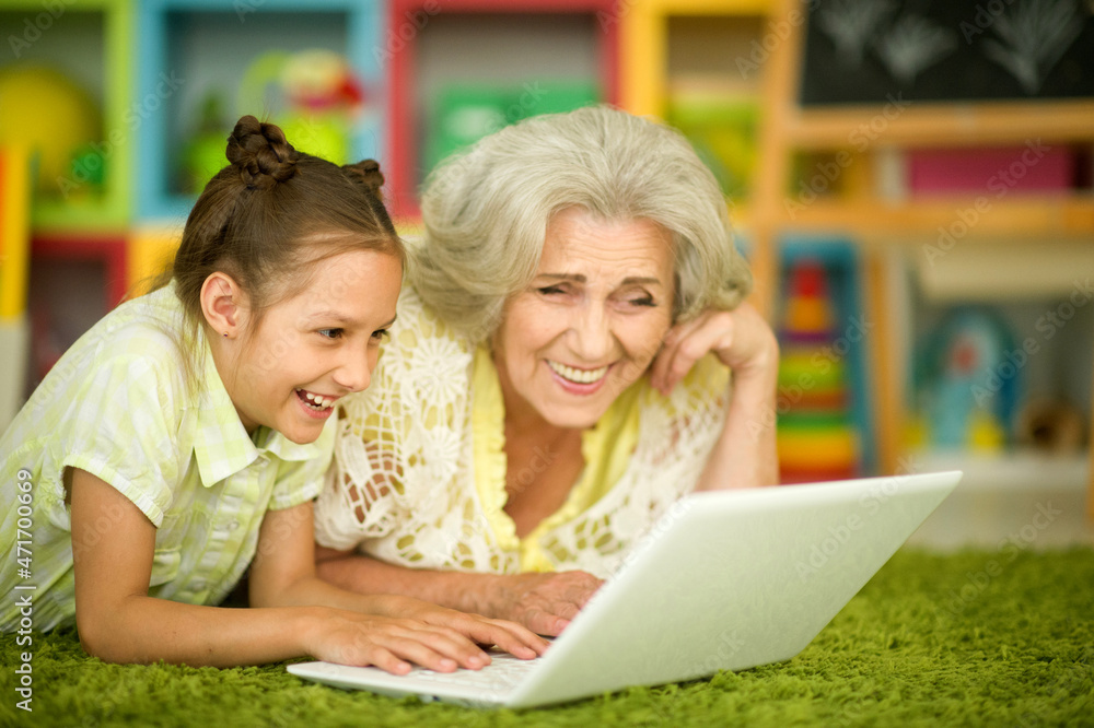 portrait of happy grandmother and daughter using laptop portrait of happy grandmother and daughter using laptop