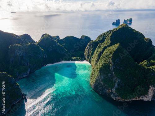 Maya Bay Koh Phi Phi Thailand, Turquoise clear water Thailand Koh Pi Pi, Scenic aerial view of Koh Phi Phi Island in Thailand.  photo