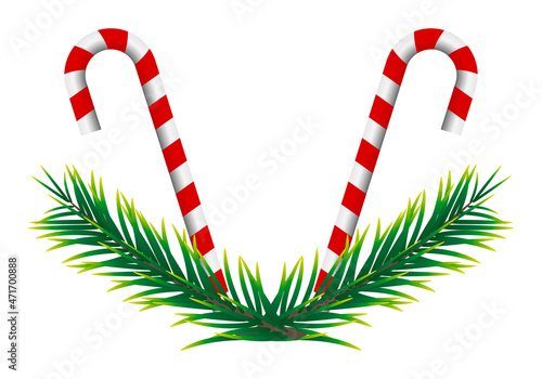 Bastón de caramelo con ramas de árbol de navidad.