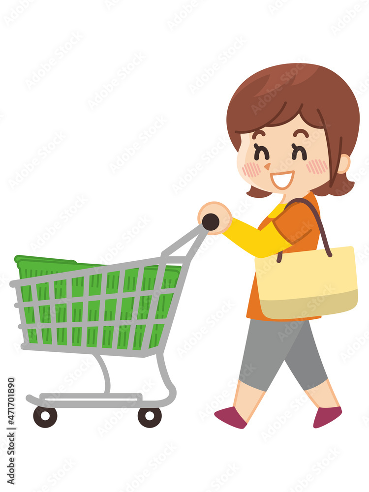 ショッピングカートを押して買い物を楽しむ若い女性 ショッピングカートを押して買い物を楽しむ若い女性