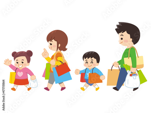 買い物帰りの4人家族