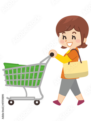 ショッピングカートを押して買い物を楽しむ若い女性