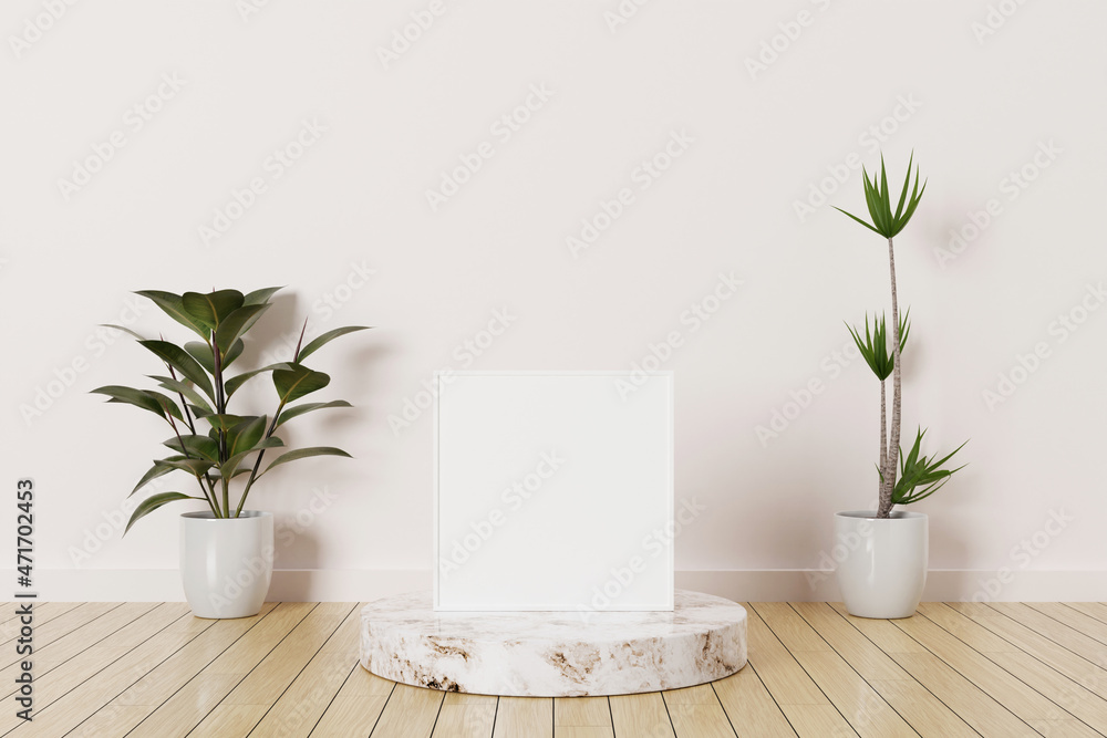 White square photo frame mockup on a podium marble in empty room with plants on a wooden floor White square photo frame mockup on a podium marble in empty room with plants on a wooden floor