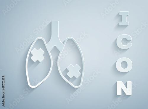 Paper cut Disease lungs icon isolated on grey background. Paper art style. Vector