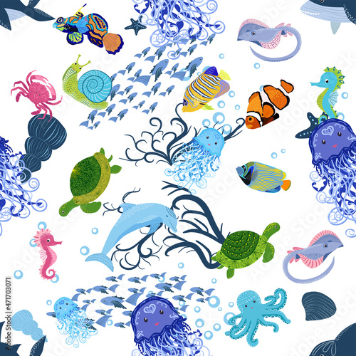 Marine life, fish, animals bright seamless pattern. sea travel, underwater diving animal tropical fish. Jellyfish, whale, shark, seahorse, clown fish, dolphin, turtle, emperor