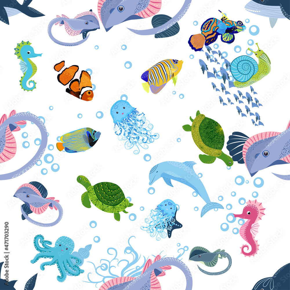 Marine life, fish, animals bright seamless pattern. sea travel, underwater diving animal tropical fish. Jellyfish, whale, shark, seahorse, clown fish, dolphin, turtle, emperor Marine life, fish, animals bright seamless pattern. sea travel, underwater diving animal tropical fish. Jellyfish, whale, shark, seahorse, clown fish, dolphin, turtle, emperor