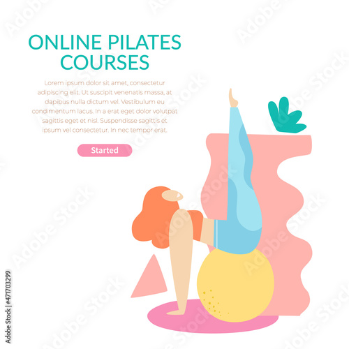 Online pilates courses poster. Yoga, fitness 