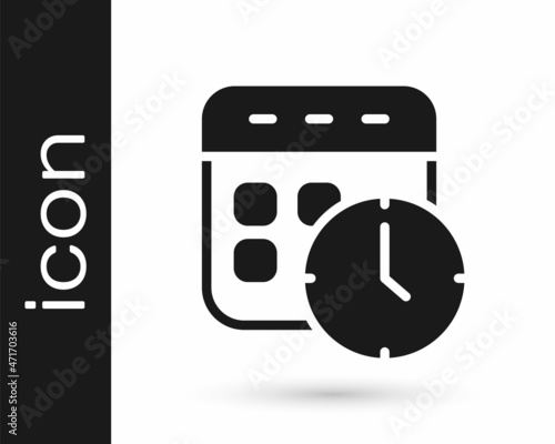 Black Calendar and clock icon isolated on white background. Schedule, appointment, organizer, timesheet, time management. Vector