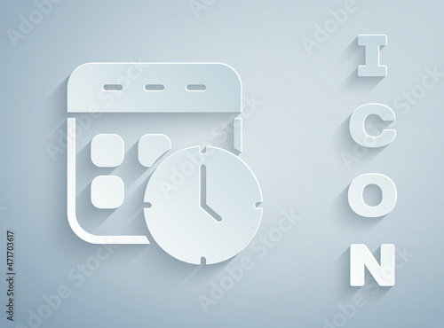 Paper cut Calendar and clock icon isolated on grey background. Schedule, appointment, organizer, timesheet, time management. Paper art style. Vector photo