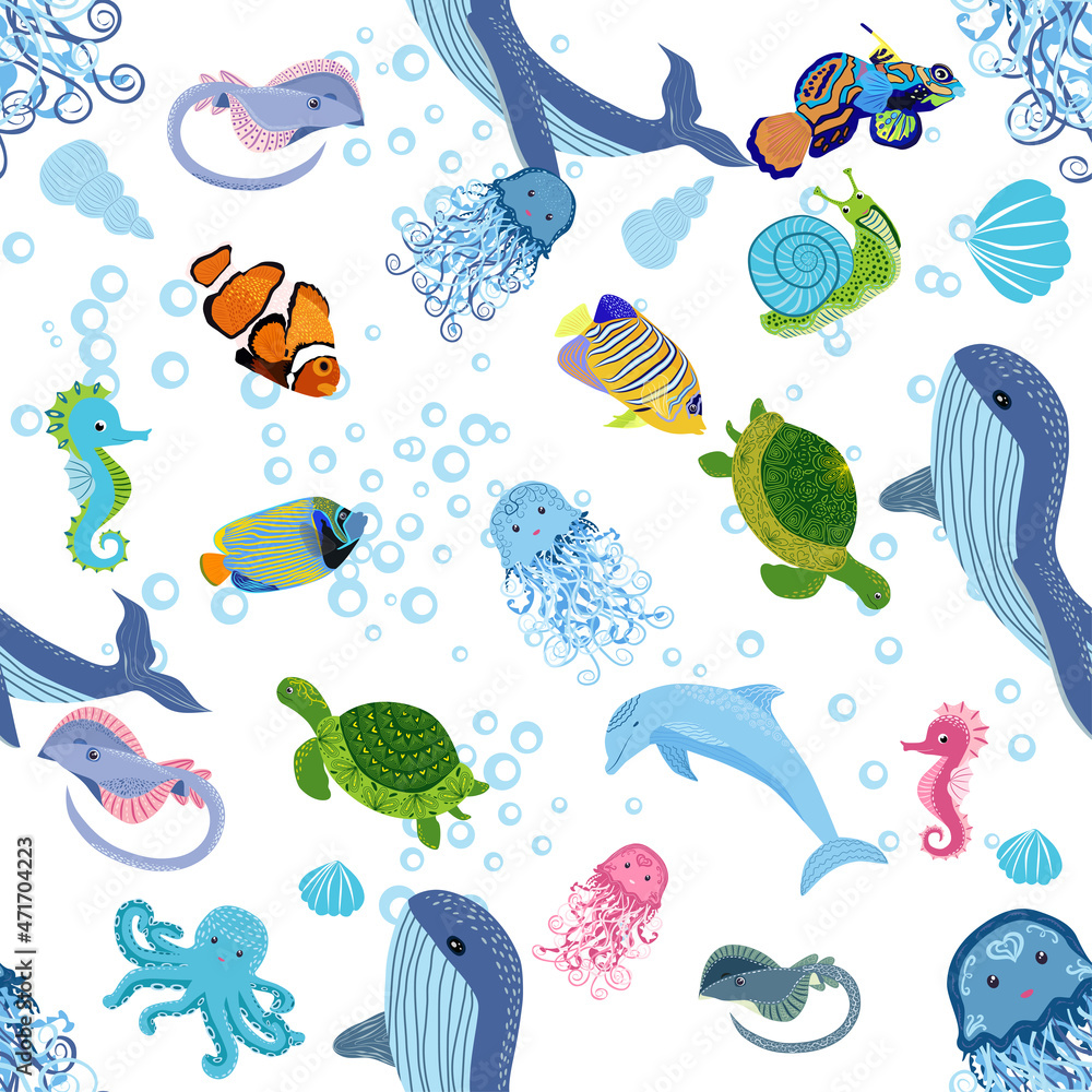 Marine life, fish, animals bright seamless pattern. sea travel, underwater diving animal tropical fish. Jellyfish, whale, shark, seahorse, clown fish, dolphin, turtle, emperor Marine life, fish, animals bright seamless pattern. sea travel, underwater diving animal tropical fish. Jellyfish, whale, shark, seahorse, clown fish, dolphin, turtle, emperor