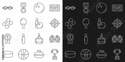 Set line Award cup  Time chess clock  Target sport  Bowling ball  Racket for playing table tennis  Dumbbell  Glasses swimming and pin and icon. Vector