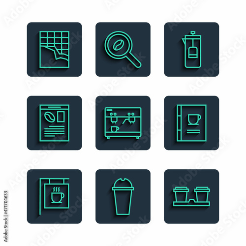 Set line Street signboard coffee, Milkshake, Coffee cup to go, French press, machine, Newspaper and, Chocolate bar and book icon. Vector