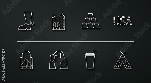 Set line Cowboy boot, Rocket launch from the spaceport, USA label, Paper glass with straw, Grand canyon, City landscape, Indian teepee wigwam and Gold bars icon. Vector