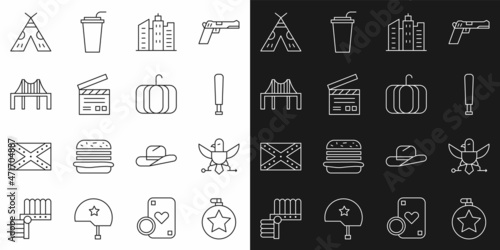 Set line Canteen water bottle, Eagle, Baseball bat, City landscape, Movie clapper, Golden gate bridge, Indian teepee or wigwam and Pumpkin icon. Vector