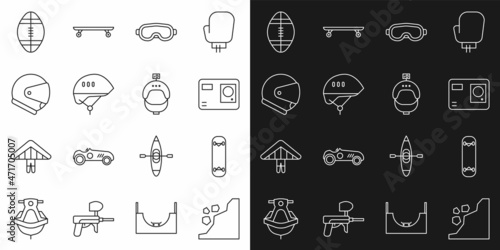 Set line Landslide, Skateboard trick, Action extreme camera, Ski goggles, Bicycle helmet, Helmet, Rugby ball and action icon. Vector