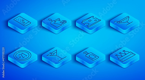 Set line Effervescent tablets in water, Beer tap with glass, Cheese, Martini, Whiskey bottle, Cocktail, Alcohol 21 plus and Bottles of wine wooden box icon. Vector