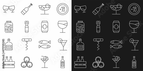 Set line Glass bottle of vodka, Martini glass, Wine, Cocktail, Bottle opener, Pickled cucumbers jar, cognac or brandy and Beer can icon. Vector