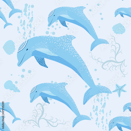 Dolphin, sea inhabitants seamless pattern, beautiful character among seashells, algae, starfish, marine wildlife