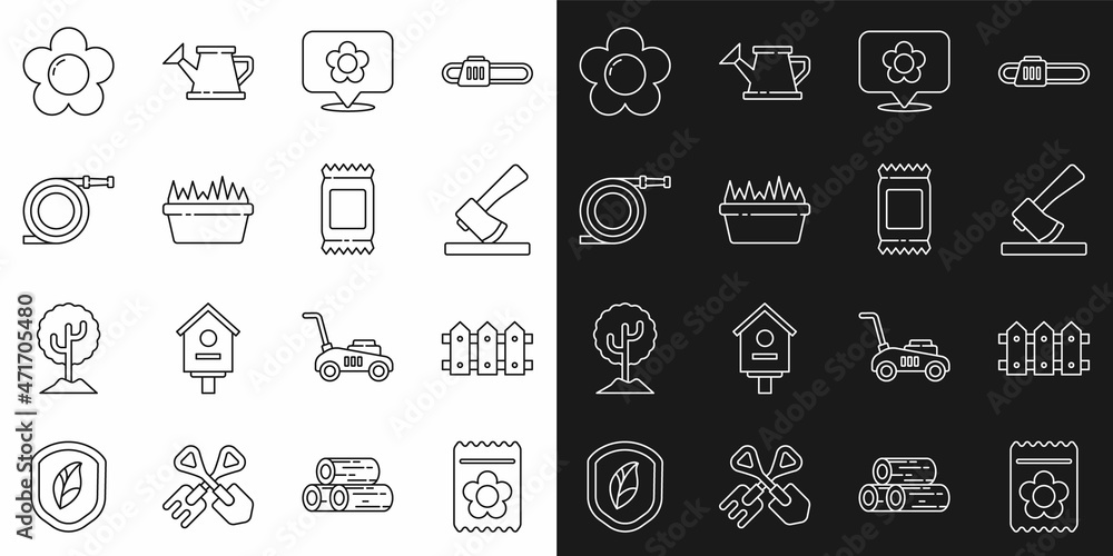 Set line Pack full of seeds of plant, Garden fence wooden, Wooden axe, Location with flower, Fresh grass in rectangular, hose or fire hose, Flower and Fertilizer bag icon. Vector