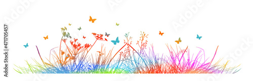 Silhouette of Rainbow grass. Flowers and butterflies on a multi-colored meadow. Vector illustration