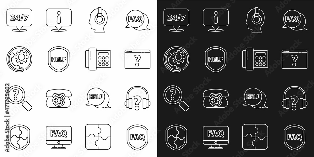 Set line Shield with text FAQ, Headphones, Browser question mark, Support operator in touch, Help, Telephone 24 hours support, Clock and icon. Vector