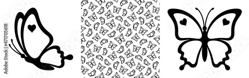 Contours of nice butterflies with hearts and seamless pattern isolated on a white background. Contours of butterflies are great for print gift paper, wedding greeting cards and textile