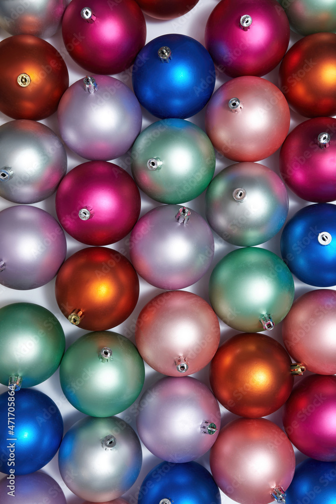 Top view of set of colorful christmas balls in row Top view of set of colorful christmas balls in row