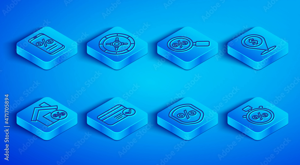 Set line Percent discount and mobile, Safe, Magnifying glass with percent, Credit card, Loan, Cash location, House percant and Stopwatch icon. Vector Set line Percent discount and mobile, Safe, Magnifying glass with percent, Credit card, Loan, Cash location, House percant and Stopwatch icon. Vector
