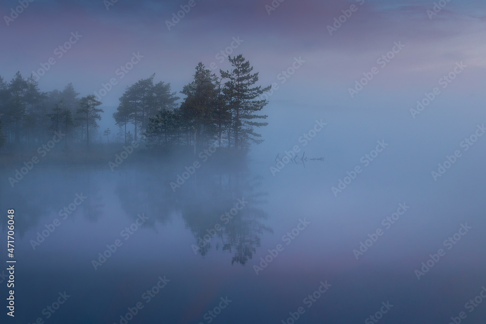 Fototapeta premium Misty morning on the lake. Karelia.