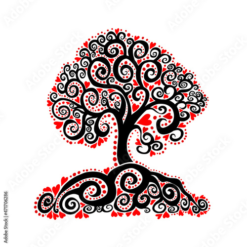 Graphic abstract black tree with Red hearts. Happy Valentine's Day. Vector illustration
