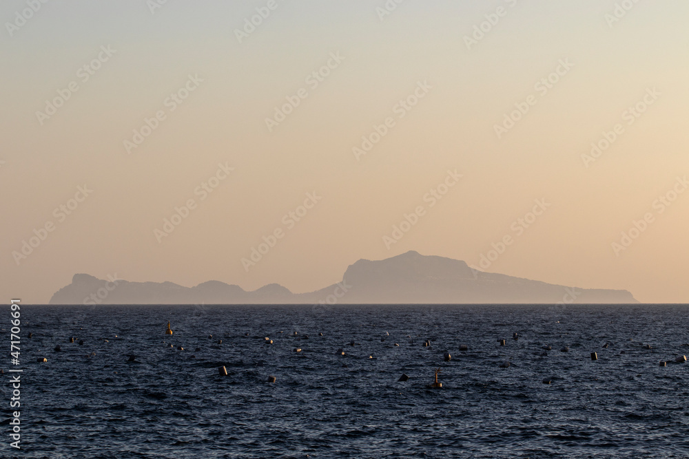 Gulf of Naples and the island of Capri. Evening sky.