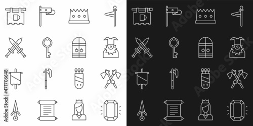 Set line Diamond  Crossed medieval axes  Joker head  King crown  Old key  sword  Street signboard with Bar and Medieval castle gate icon. Vector