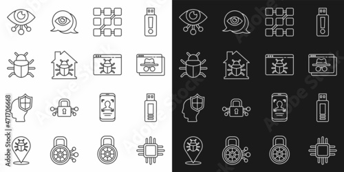 Set line Processor with microcircuits CPU, USB flash drive, Browser incognito window, Graphic password protection, House system bug, System, Eye scan and icon. Vector