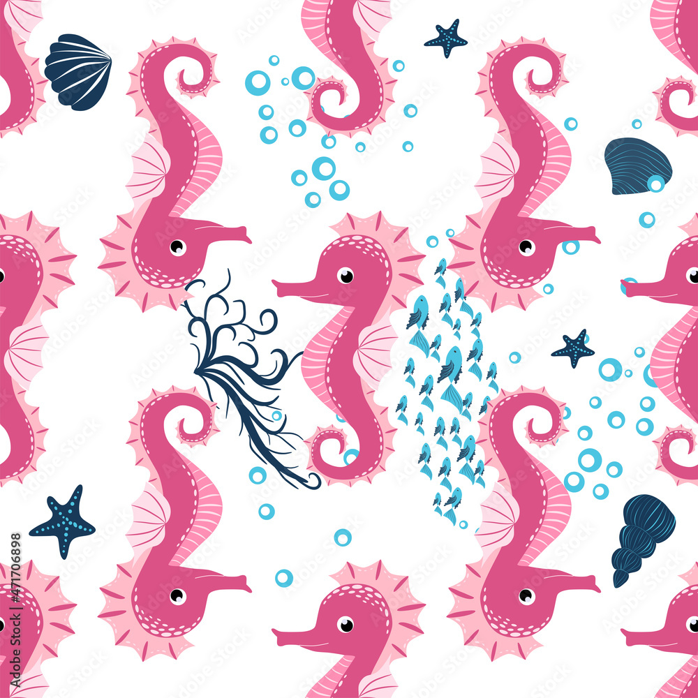 Seahorse, sea inhabitants seamless pattern, beautiful character among seashells, seaweed, starfish, marine Seahorse, sea inhabitants seamless pattern, beautiful character among seashells, seaweed, starfish, marine