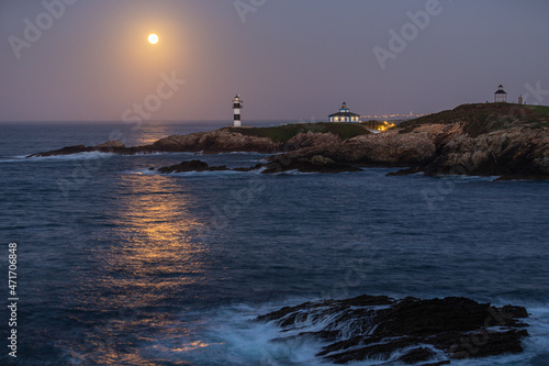 November Full Moon over the Illa Pancha lighthouse and hotel, in Ribadeo, Galicia, Spain!