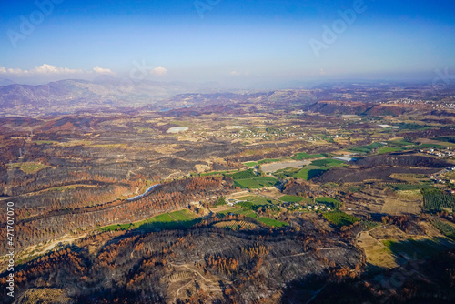 Forests burning in the Fires of 2021. aerial view. Location Antalya/Manavgat