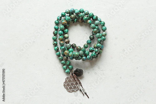 Rosary mala 108 beads from natural stones Chrysocolla Turquoise. Author's jewelry from natural stones, Buddhism, mantra, prayer, rosary from stones for prayer, beauty. Long beads from stones necklace photo