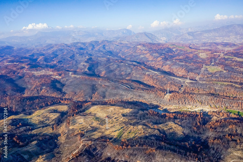 Forests burning in the Fires of 2021. aerial view. Location Antalya/Manavgat