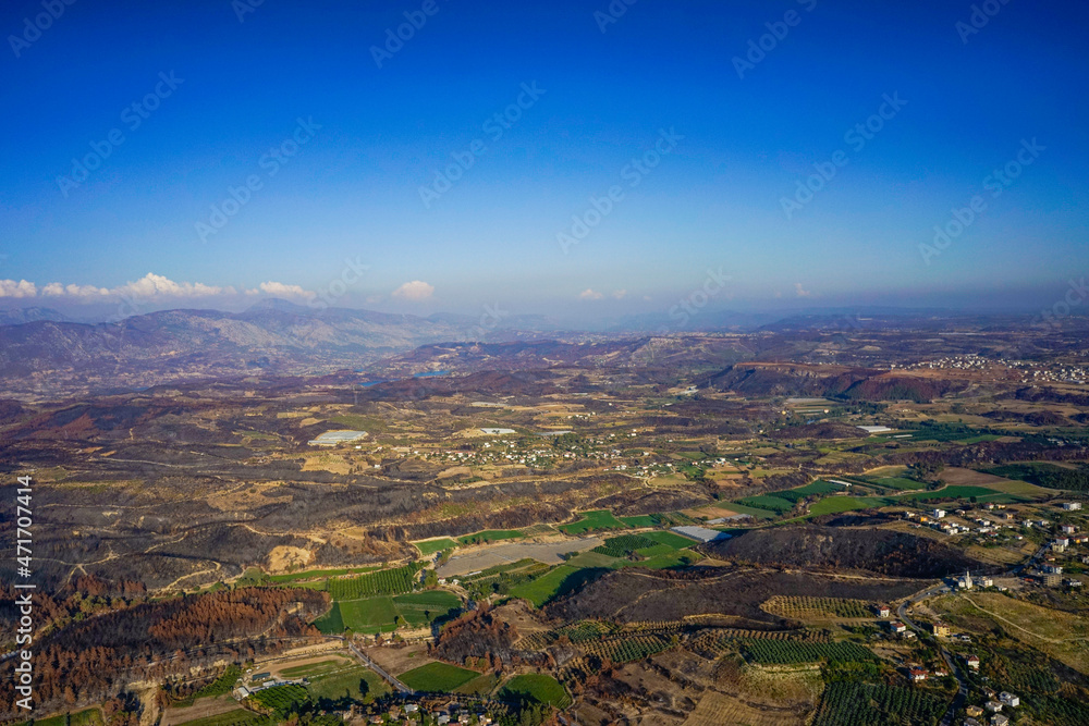 Forests burning in the Fires of 2021. aerial view. Location Antalya/Manavgat