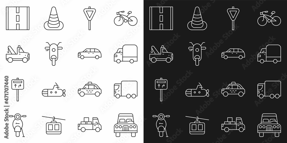 Set line Car, Delivery cargo truck, Road traffic signpost, Scooter, Tow, and Hatchback icon. Vector Set line Car, Delivery cargo truck, Road traffic signpost, Scooter, Tow, and Hatchback icon. Vector