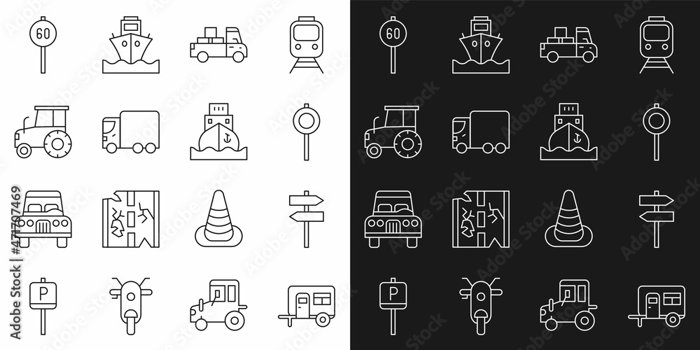 Set line Rv Camping trailer, Road traffic signpost, Delivery truck, cargo, Tractor, Speed limit and Cargo ship icon. Vector Set line Rv Camping trailer, Road traffic signpost, Delivery truck, cargo, Tractor, Speed limit and Cargo ship icon. Vector