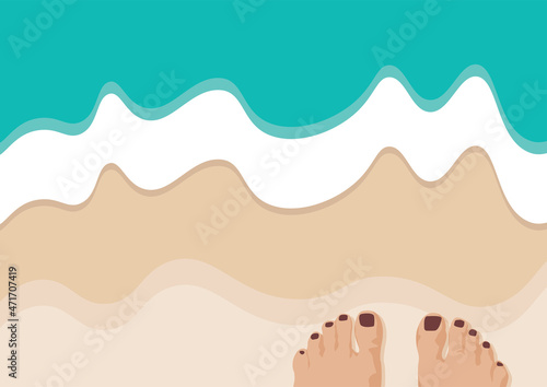 Summer vector background with women's feet on a sandy beach. Feet near the sea vector illustration