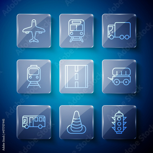 Set line Bus, Traffic cone, light, Delivery cargo truck, Road, Train and railway, Plane and Wild west covered wagon icon. Vector