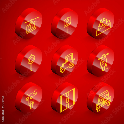 Set line Cable car, Parking, Cruise ship, Road traffic signpost, Tractor, Scooter, and icon. Vector