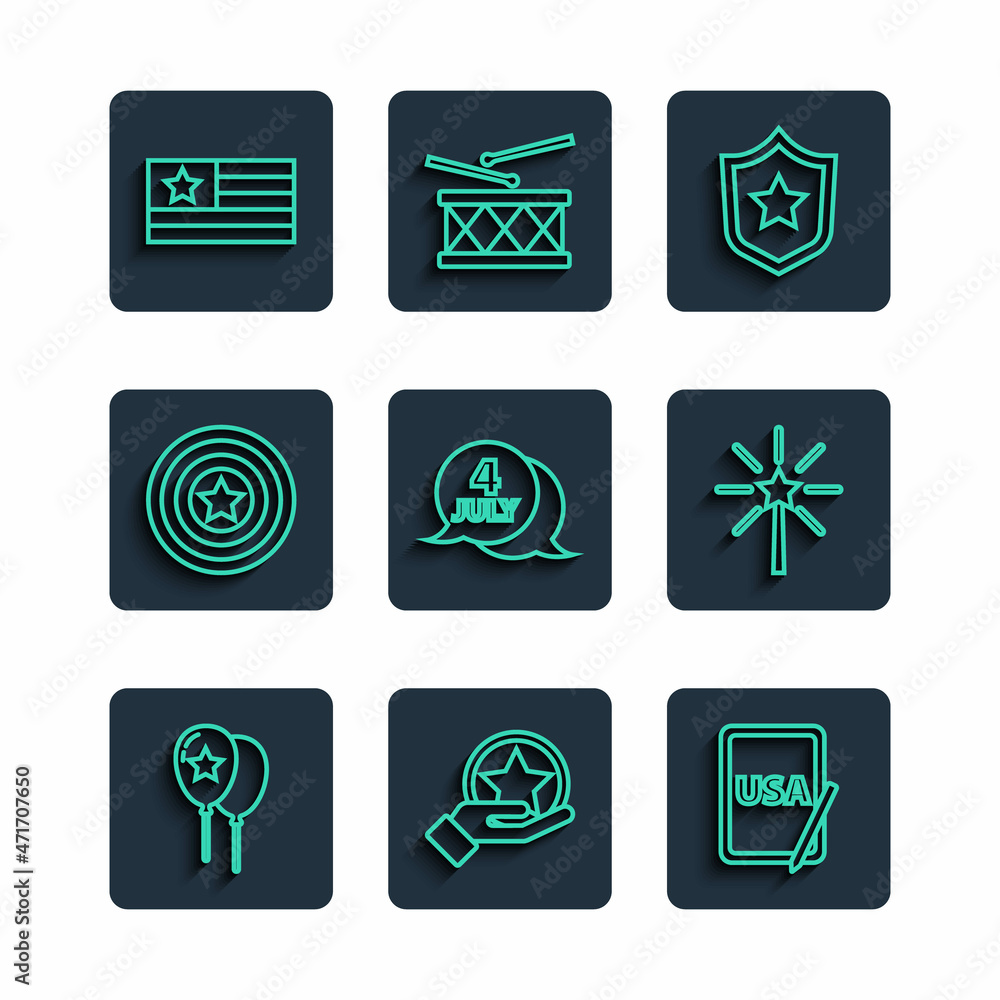 Set line Balloons, USA Independence day, graphic tablet, Police badge, American star shield, flag and Firework icon. Vector Set line Balloons, USA Independence day, graphic tablet, Police badge, American star shield, flag and Firework icon. Vector