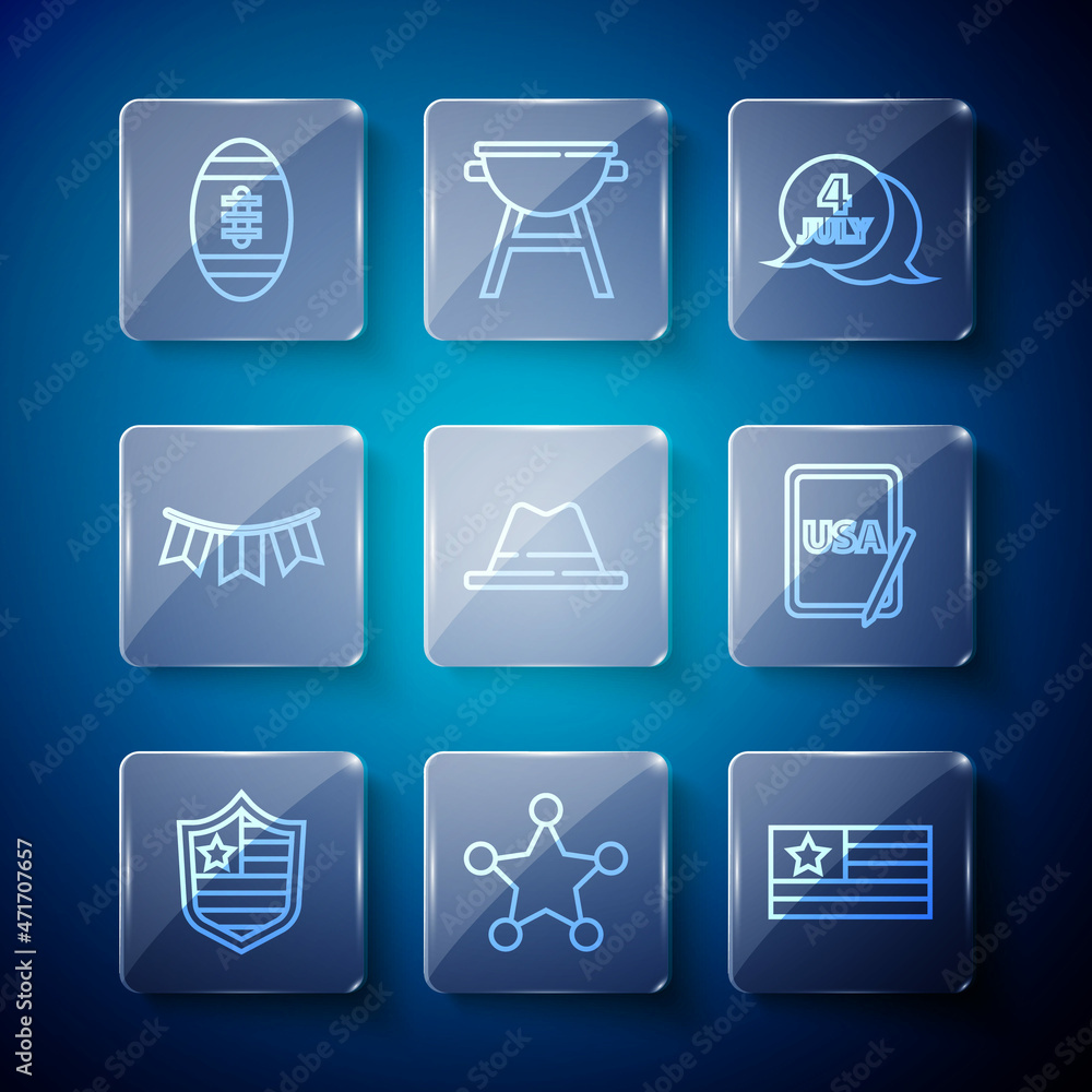 Set line Shield with stars, Hexagram sheriff, American flag, USA Independence day, Man hat ribbon, Carnival garland flags, Football ball and graphic tablet icon. Vector