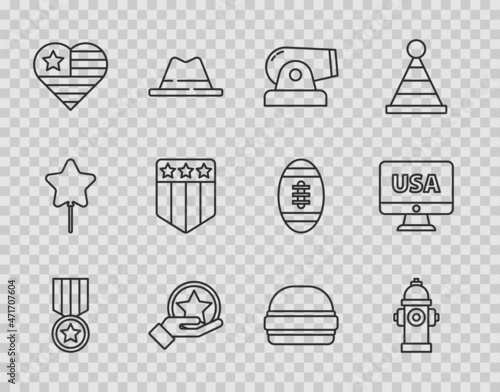 Set line Medal with star, Fire hydrant, Cannon, USA Independence day, Shield stars, Burger and monitor icon. Vector