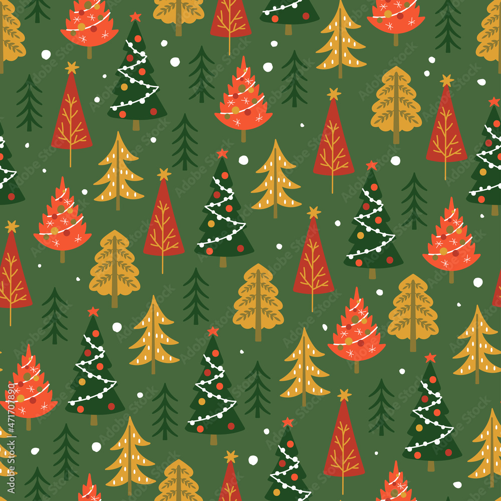 Seamless pattern for Christmas holiday with cute forest and fir trees. Childish background for fabric, wrapping paper, textile, wallpaper and apparel Seamless pattern for Christmas holiday with cute forest and fir trees. Childish background for fabric, wrapping paper, textile, wallpaper and apparel