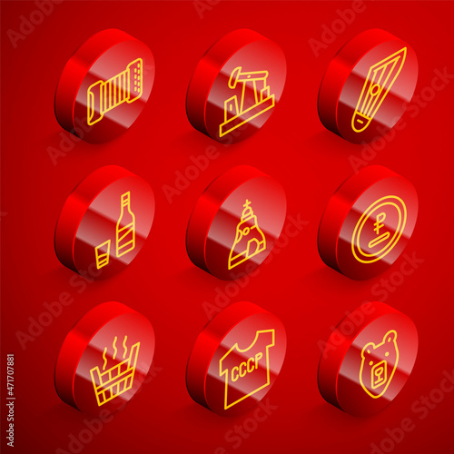 Set line Accordion, Oil pump pump jack, Kankles, Bottle of vodka with glass, The Tsar bell, Rouble, ruble currency, Sauna bucket and USSR t-shirt icon. Vector